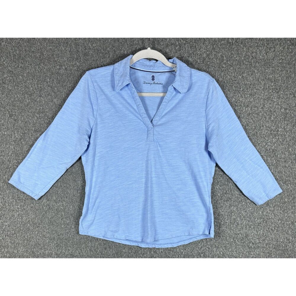 Tommy Bahama Women's Ashby Isles Blue Jersey Johnny Collar 3/4 Sleeve Top M